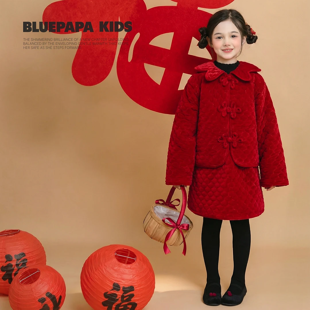 新品【当红不让】蓝小爸童装女童拜年服套装冬儿童洋气上衣半身裙
