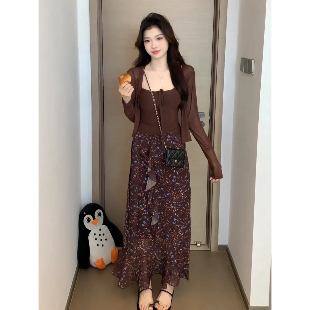 （运补6）夏季长袖针织衫吊带背心碎花半身裙时尚穿搭套装