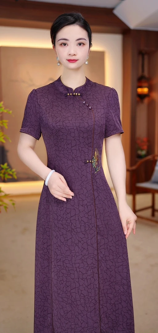 2025夏季新款大码遮肉显瘦改良旗袍裙子中老年短袖妈妈装连衣裙