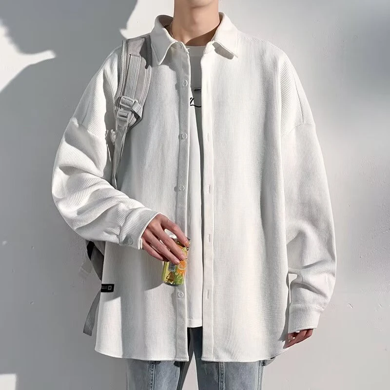 华夫格长袖衬衫男春秋复古潮流宽松休闲港风外套