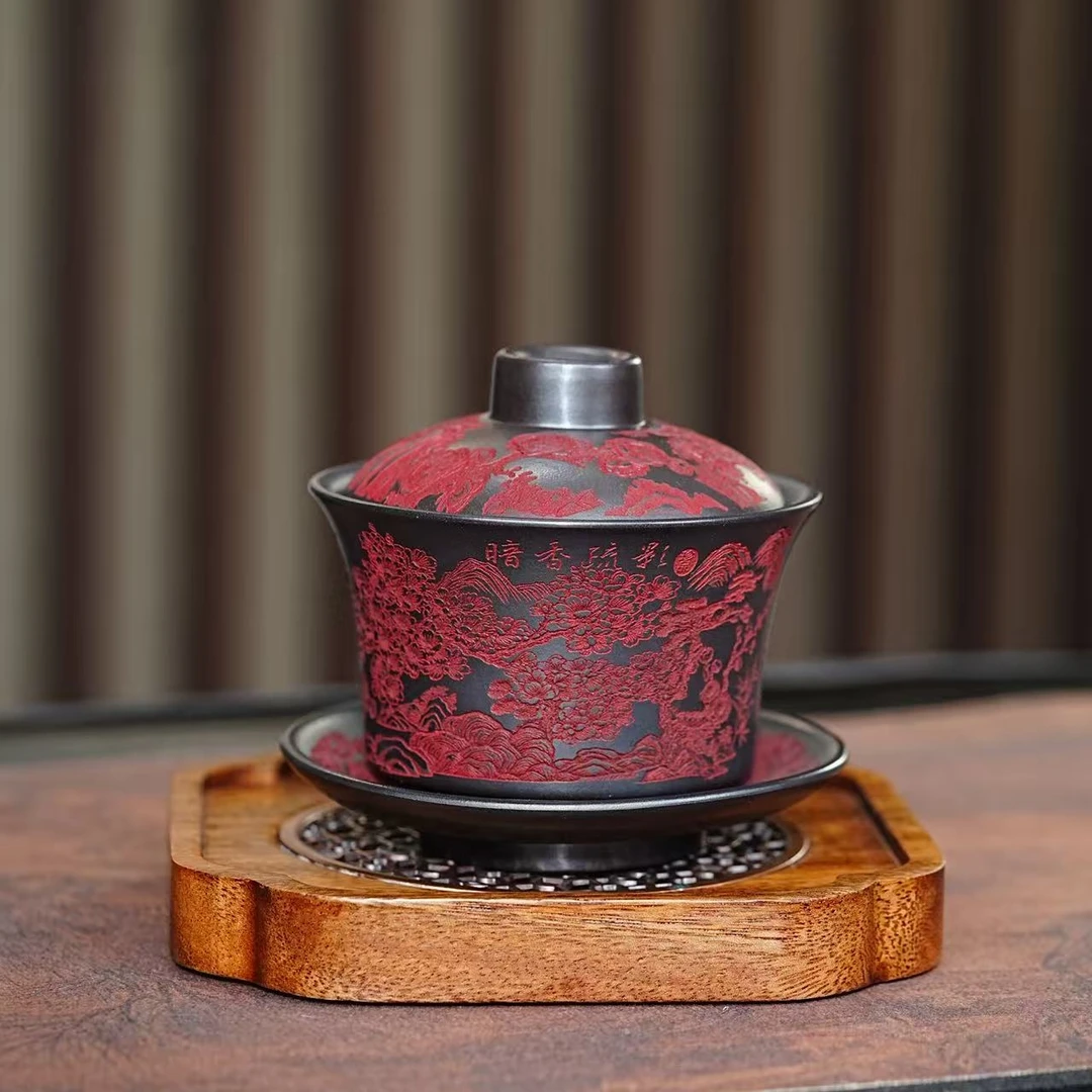 宜兴原矿紫砂石黄全手工刻绘暗香疏影三才盖碗