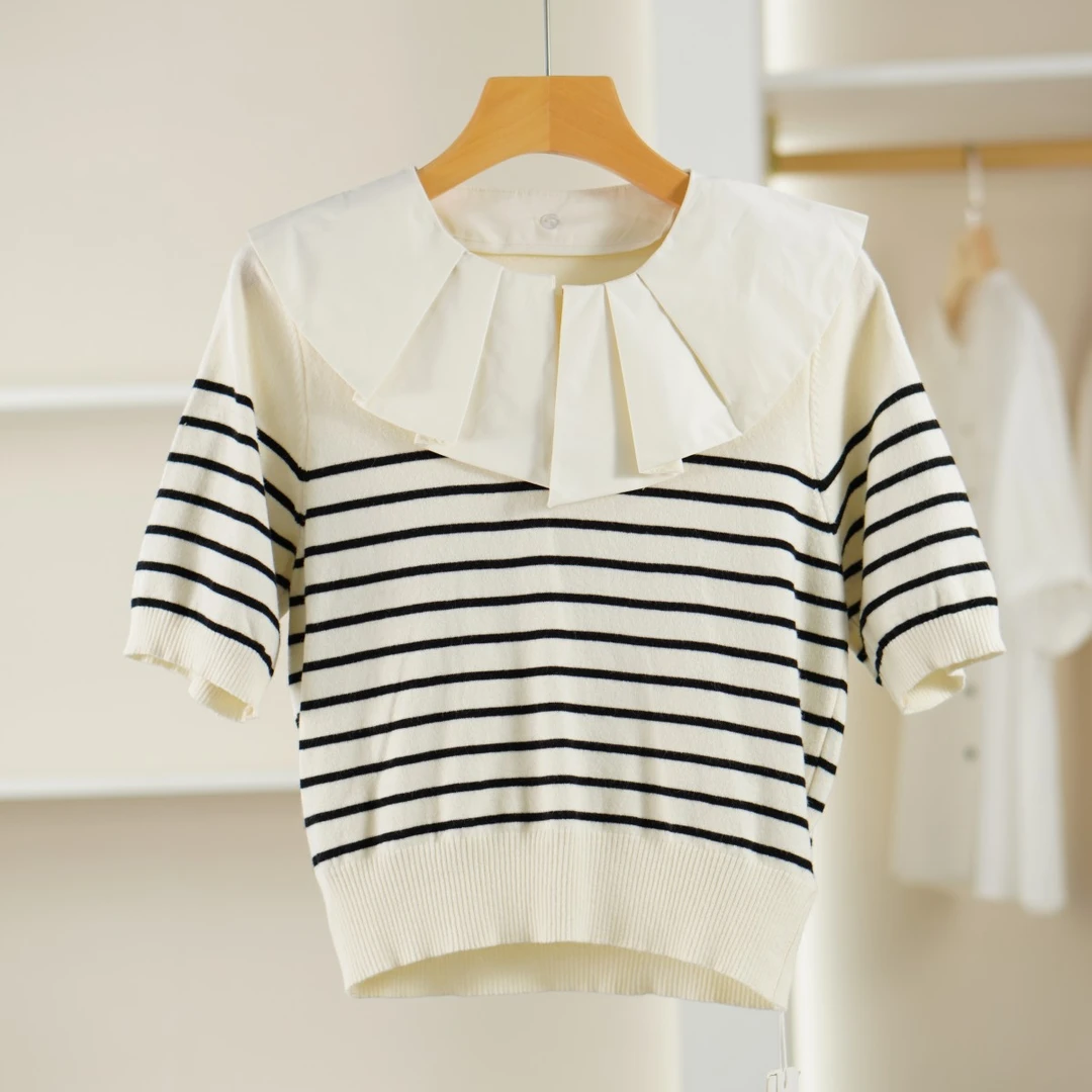麦迪尚品【Miss-O】5042180简约条纹短袖针织衫夏季女装品牌折扣