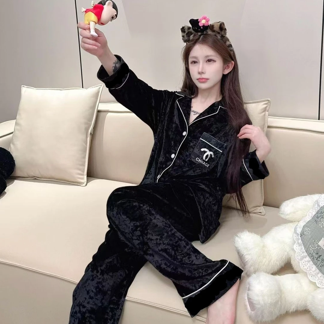 金丝绒新款睡衣女韩版时尚轻奢黑白小香风气质胖mm洋气家居服套装