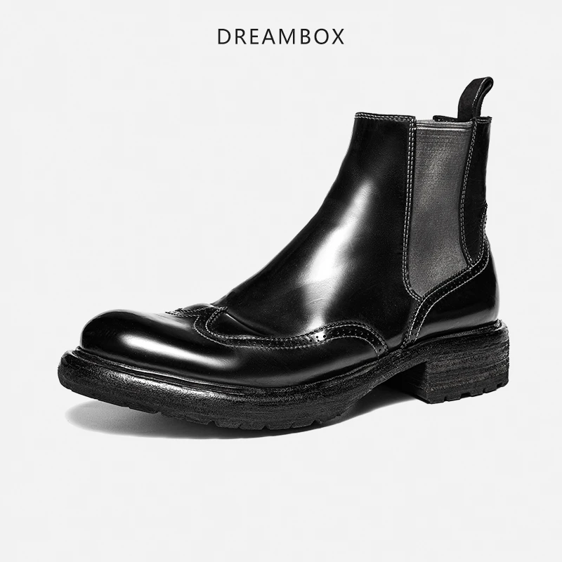 DREAMBOX钧博vibram防滑意大利马臀皮男靴布洛克雕花高档切尔西靴