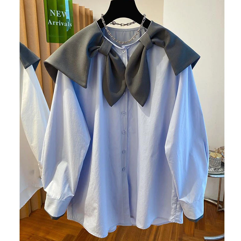 2025设计感小众蝴蝶结海军领大翻领衬衫女新款宽松减龄娃娃领上衣