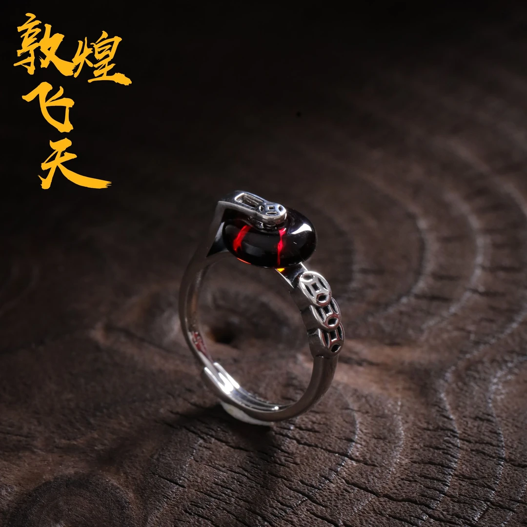 敦煌飞天 925银戒指 太朴 J12136 做旧复古红时来运转平安扣戒指