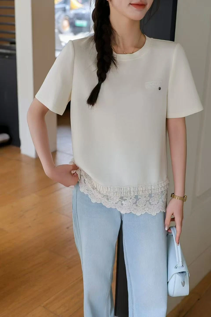 【钰姐精选】鑫2508-蕾丝拼接短袖T恤宽松休闲百搭设计感夏季气质