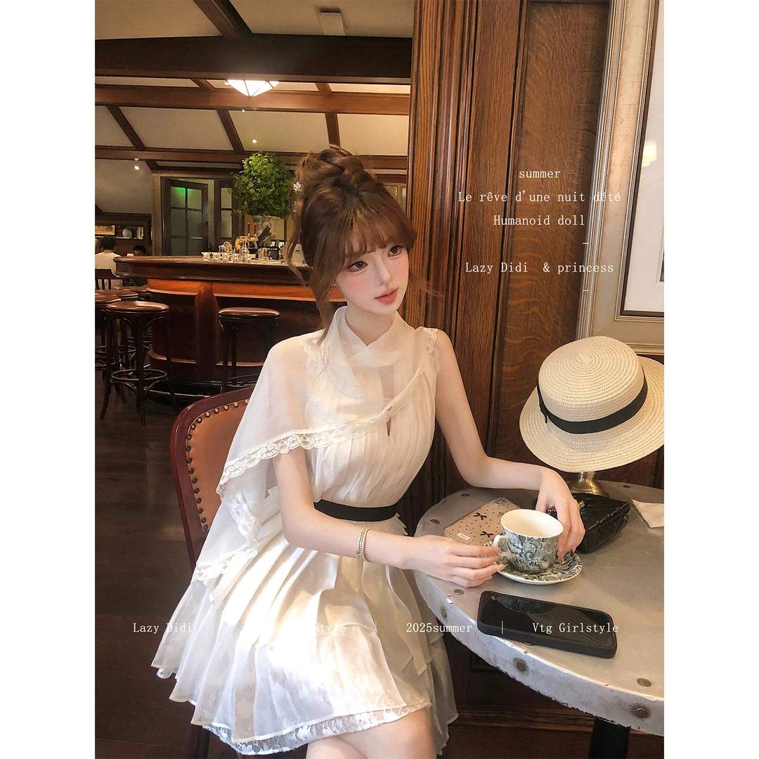 Lazy Didi天使羽翼 158条手工压褶大女主甜美薄纱披肩收腰公主裙