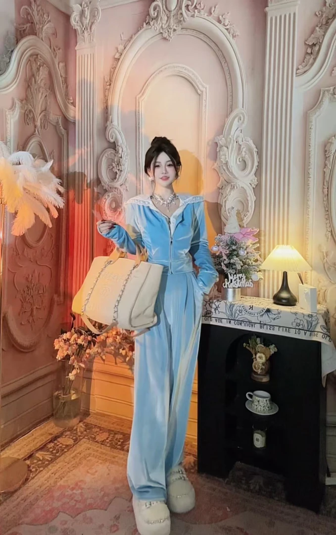 【崔】华丽蔷薇 A0034 蓝色休闲运动套装开衫丝绒秋冬阔腿修身气质
