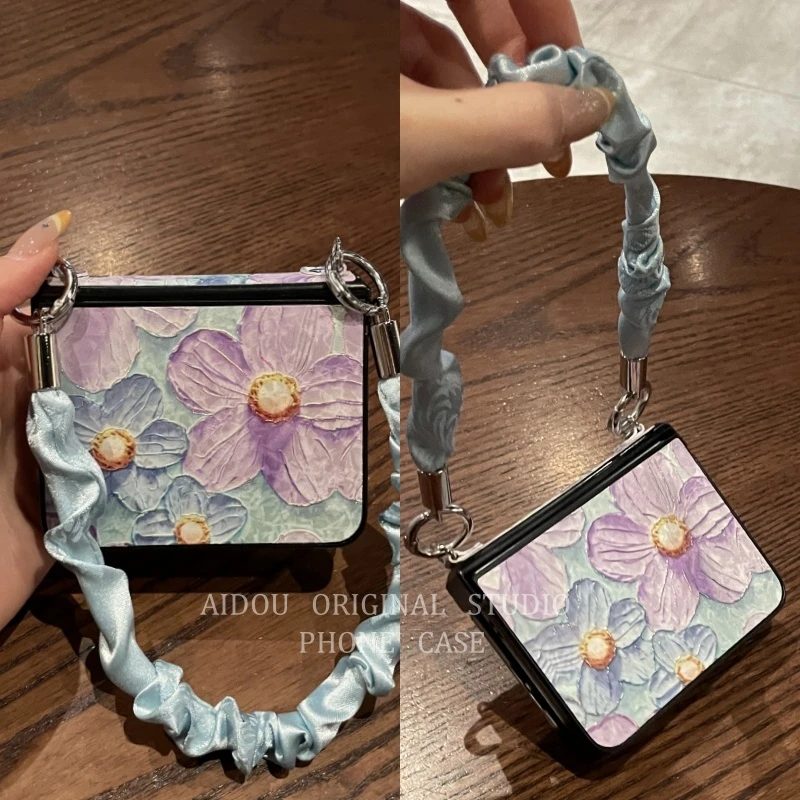 适用华为purax手机壳新款折叠屏pocket2小清新蓝白烫金花朵壳侧扣