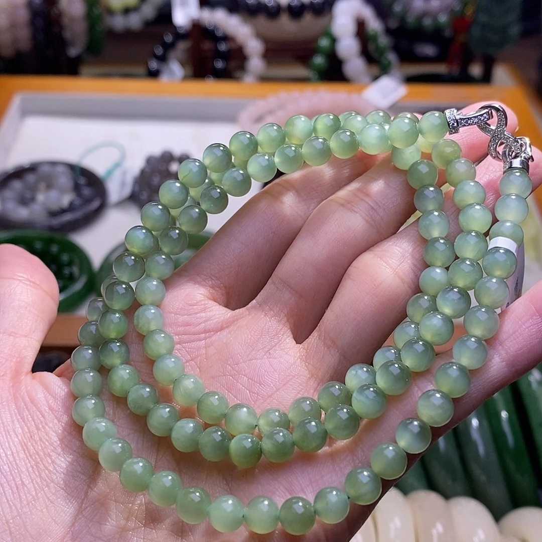 颈饰未镶嵌和田玉碧玉银镶粉青猫眼项链6MM