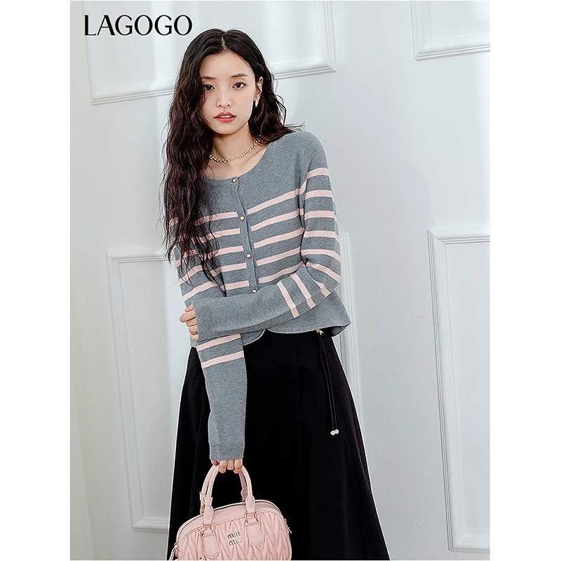 lagogo拉谷谷秋季新款经典条纹弹力舒适针织衫女NCMM828C31