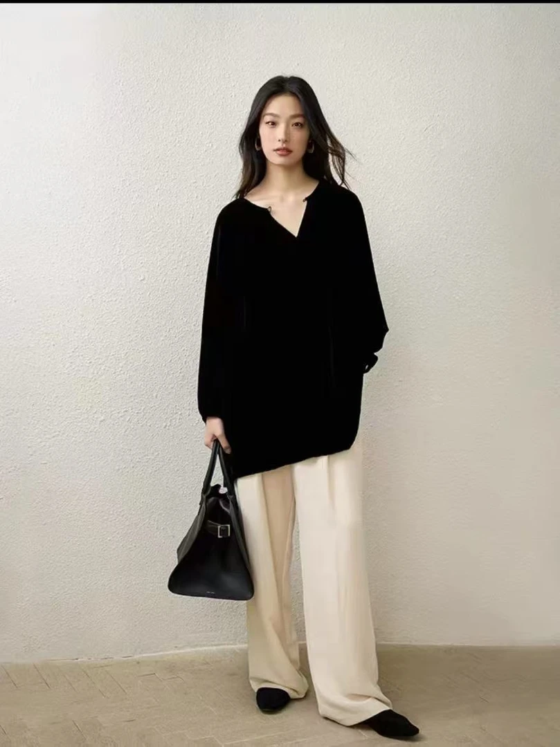 宽松型桑蚕丝丝绒V领成人不起球圆领简约长袖上衣休闲百搭流浪衫