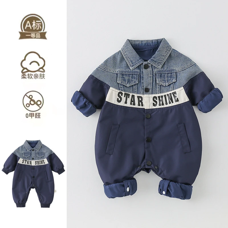 新生婴儿春装衣服洋气男宝宝牛仔连体衣春秋款韩版幼儿春季外出服