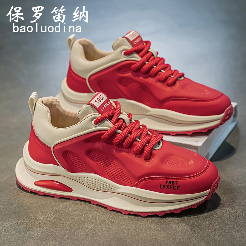保罗笛纳阿甘男鞋冬季本命年红色跑步鞋男士气垫运动休闲老爹潮鞋