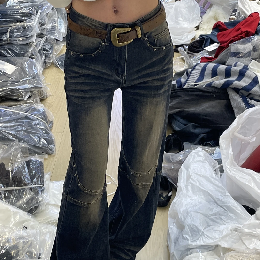 Nice-长裤水洗立体剪裁中腰猫须美式做旧微喇裤