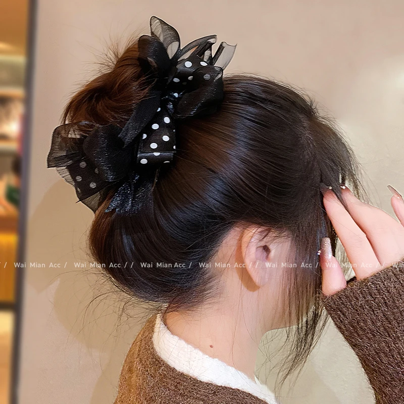 高级感绢纱蝴蝶结发圈女气质韩版黑色扎头花秋冬新款盘丸子头发绳