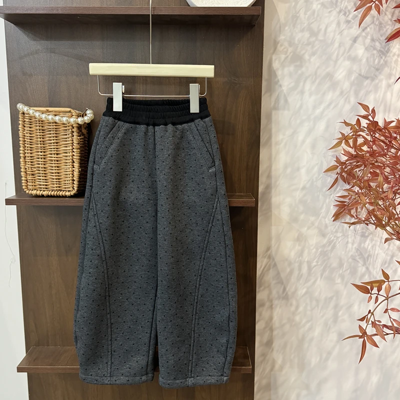 【现货】leomama女童25新秋冬灰黑波点休闲裤加绒显瘦女宝宝弯刀裤