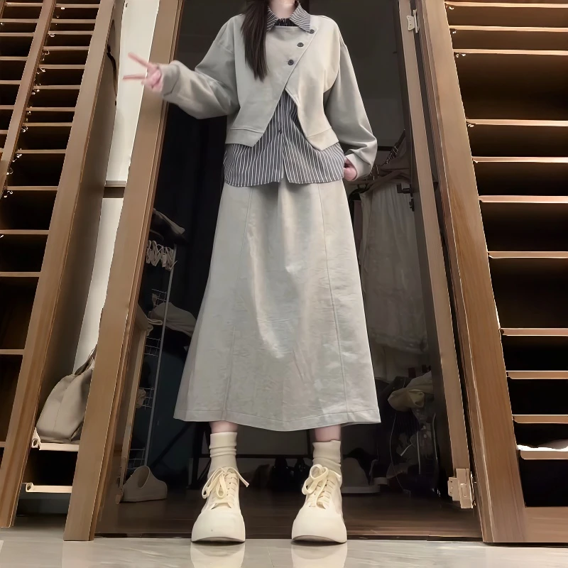 胖mm条纹拼接假两件上衣半身裙套装女2025秋冬新款大码显瘦两件套