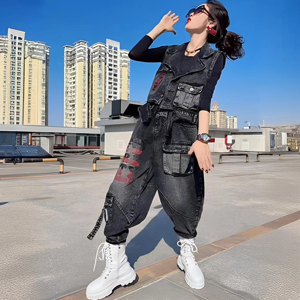 春秋宽松印花牛仔三件套女装新款休闲显瘦洋气做旧哈伦裤马甲小衫
