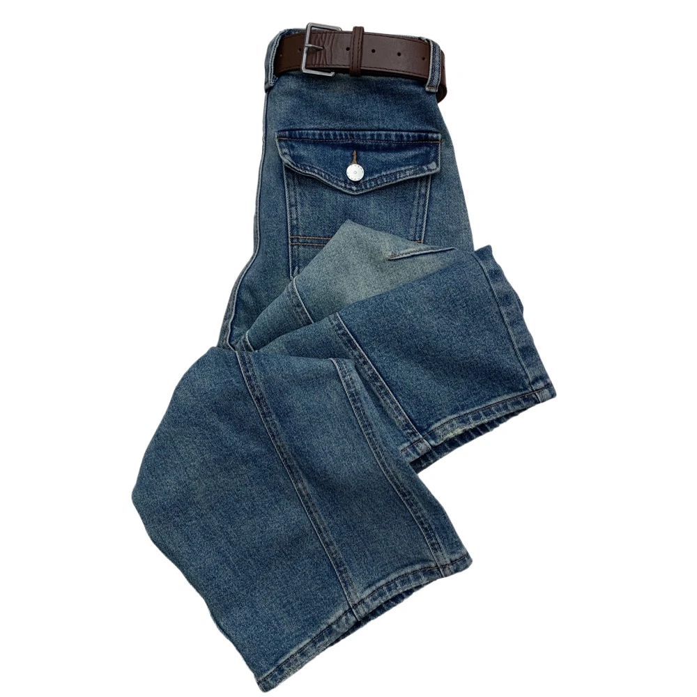 T66098新款不加绒设计款后兜翻盖工装阔腿牛仔裤（带腰带样式随机）