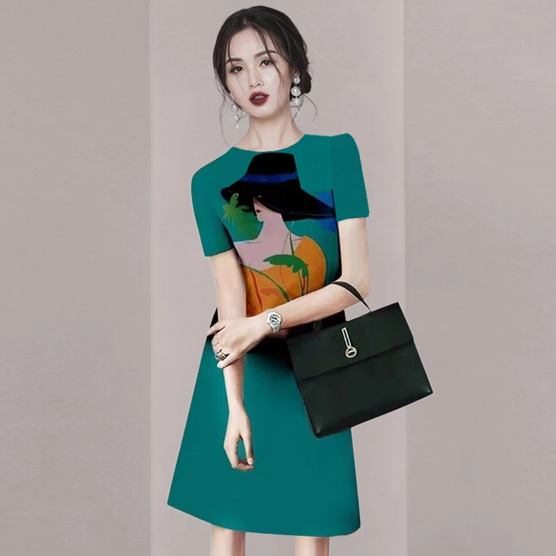 高级感时尚印花连衣裙女夏2025新款短袖气质A字中长裙子