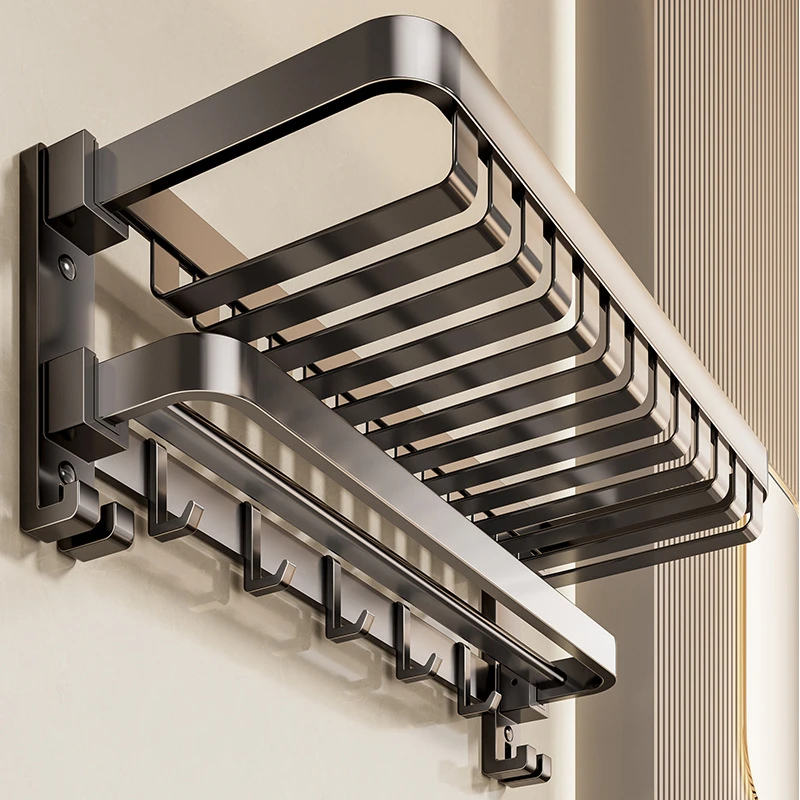 卫生间牙刷置物架毛巾架浴室太空铝壁挂式洗手间免打孔双折叠挂架