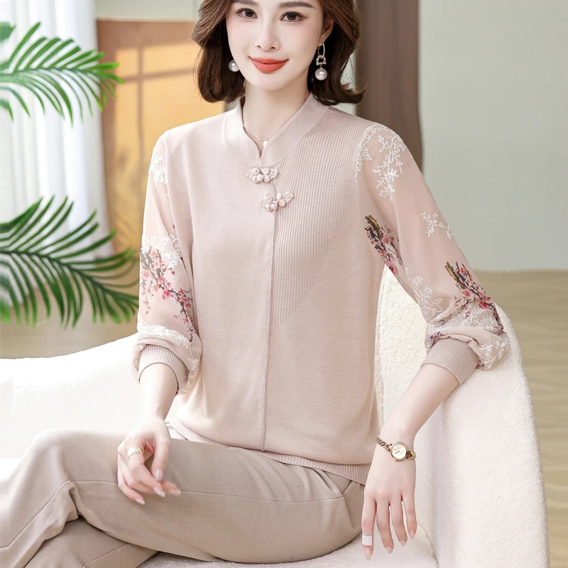 妈妈春装新款洋气纱袖薄款小衫中老年人女春秋长袖T恤打底衫气质