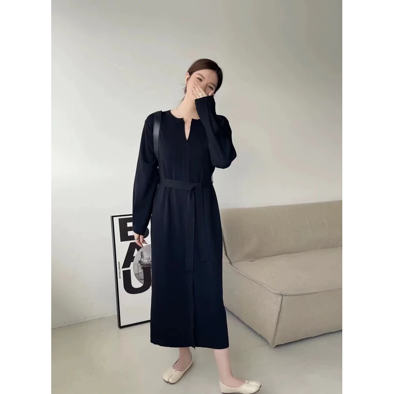 6633 GZ一楼法式V领长袖年春秋新款系带显瘦时尚垂感长款连衣裙