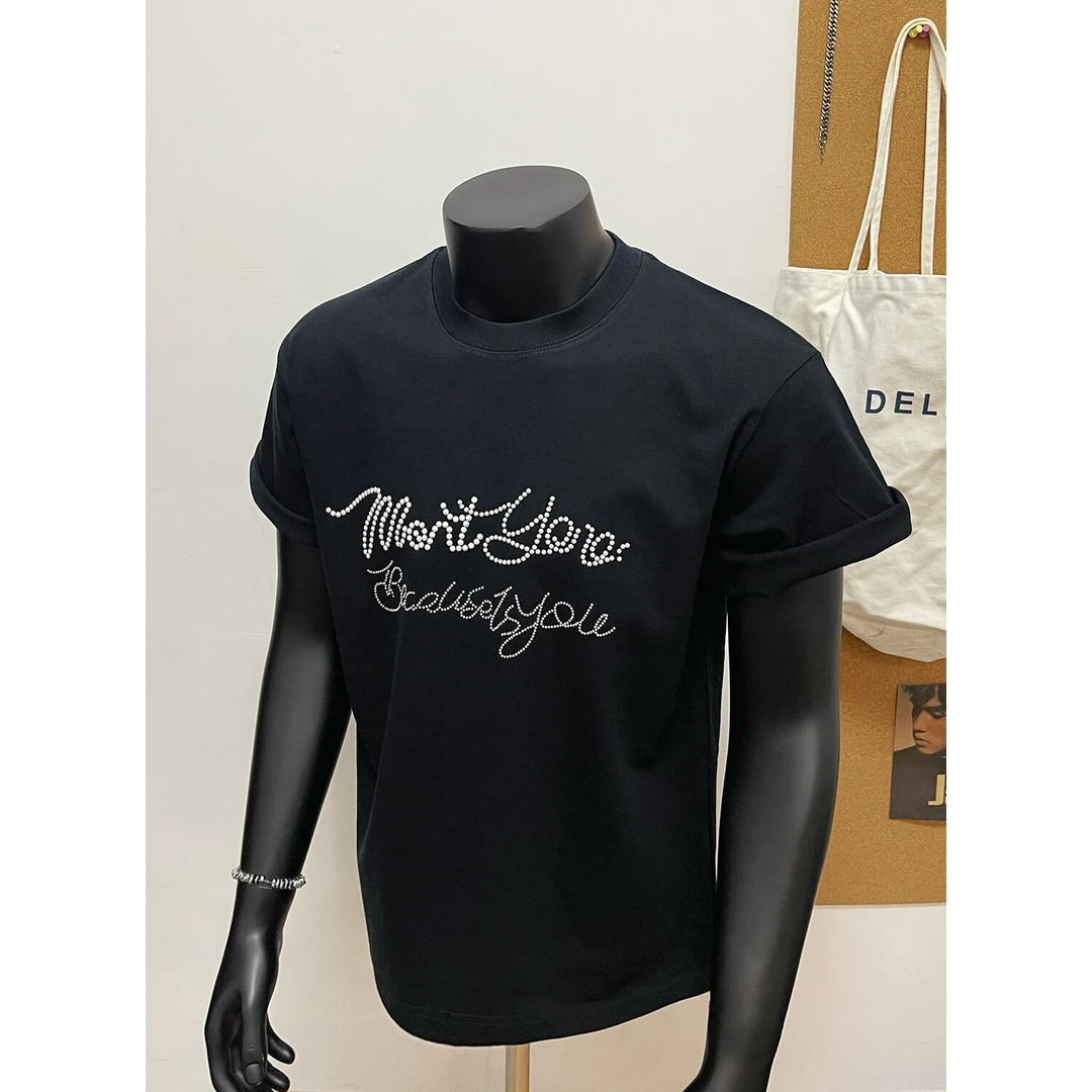 珍珠字母三本针短袖T恤男款夏季新款设计感圆领上衣纯棉五分半袖