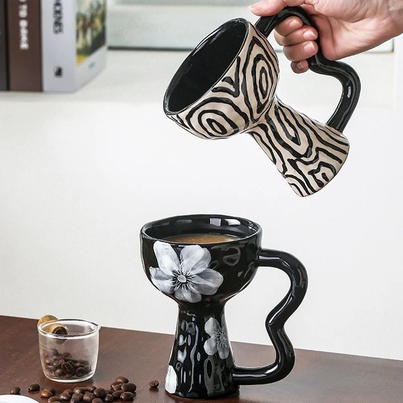 小众复古高脚咖啡杯高颜值手作马克杯高脚杯复古陶瓷咖啡杯