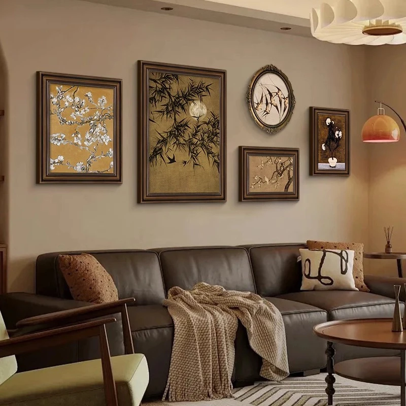 美式装饰画客厅法式复古砂岩沙发背景墙壁画五联小众组合挂画