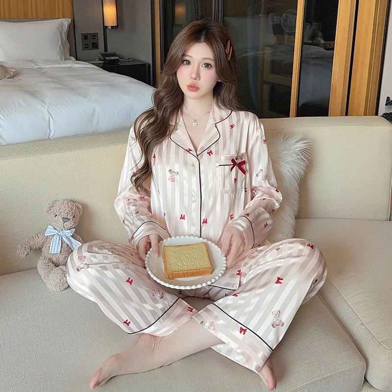 女长袖冰丝睡衣女家居服套装新品原创卡通可爱睡衣【今庆耶】