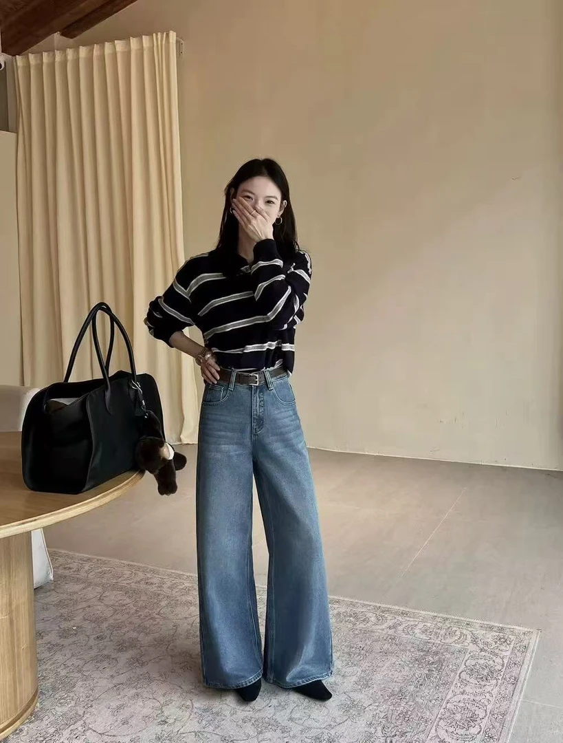 5916#ouna#冬季植绒新款 韩版高腰直筒大阔腿裤 休闲牛仔裤女