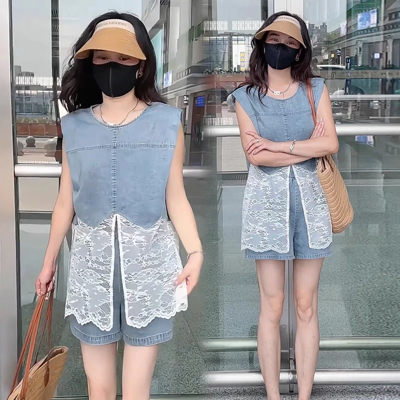 时尚牛仔套装女2025夏季新款洋气减龄蕾丝拼接上衣短裤气质两件套