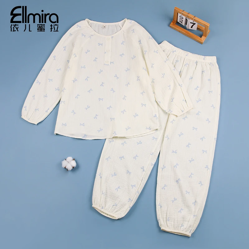 9343睡衣长袖长裤麻棉全棉双纱家居服套装两件套宽松空调服洋气