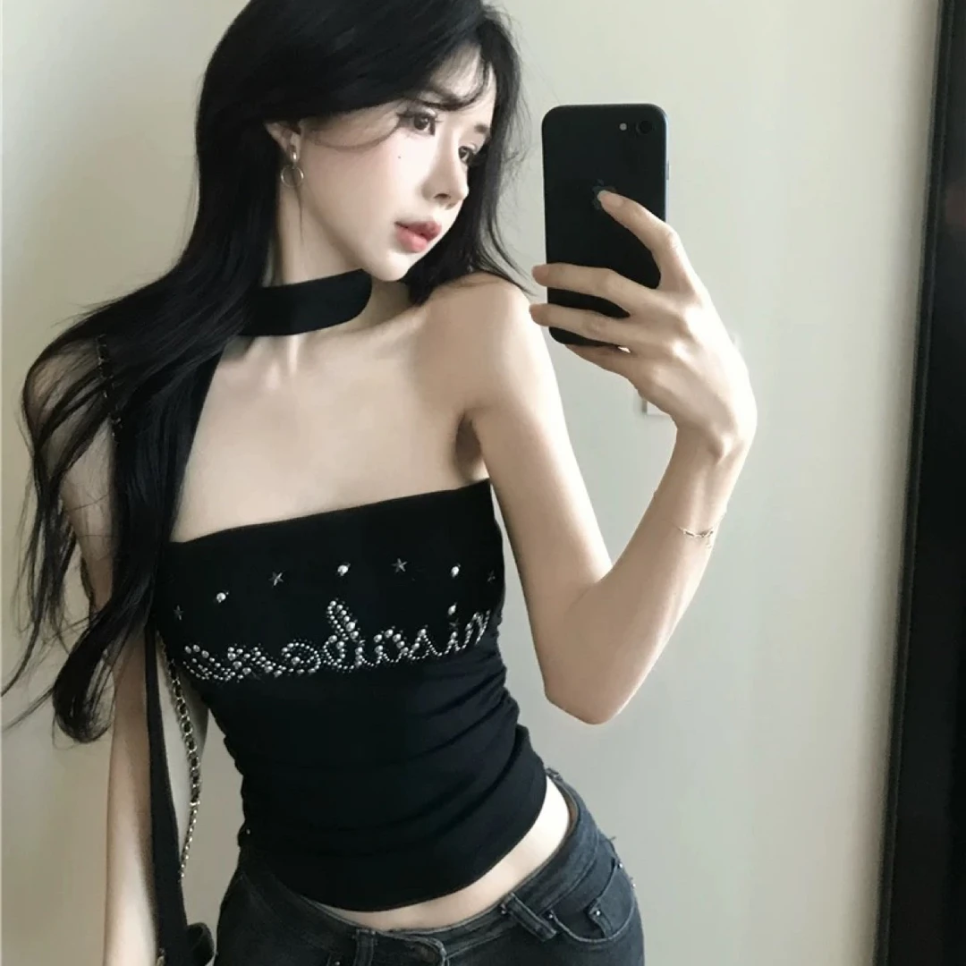 纯欲风性感辣妹围脖烫钻抹胸背心女内搭外穿带胸垫修身显瘦上衣夏