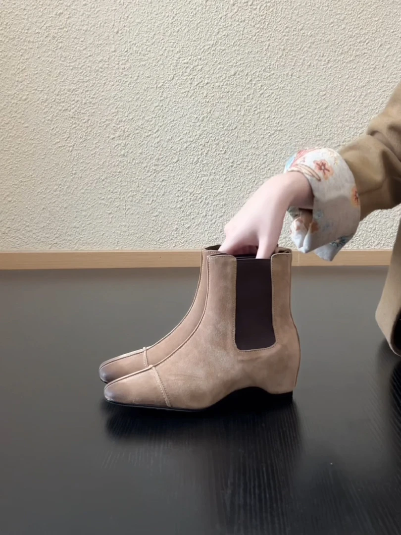 Pokoy-4.5cm复古风小方头内增高短靴设计感擦色松紧鞋口时装靴
