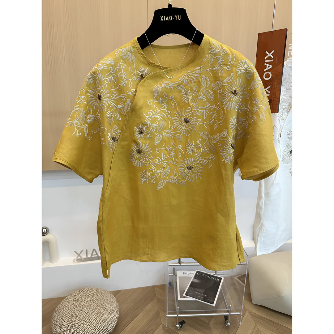 高端欧货夏新款高级感时尚重工国风刺绣纯圆领短袖衬衫上衣女时尚