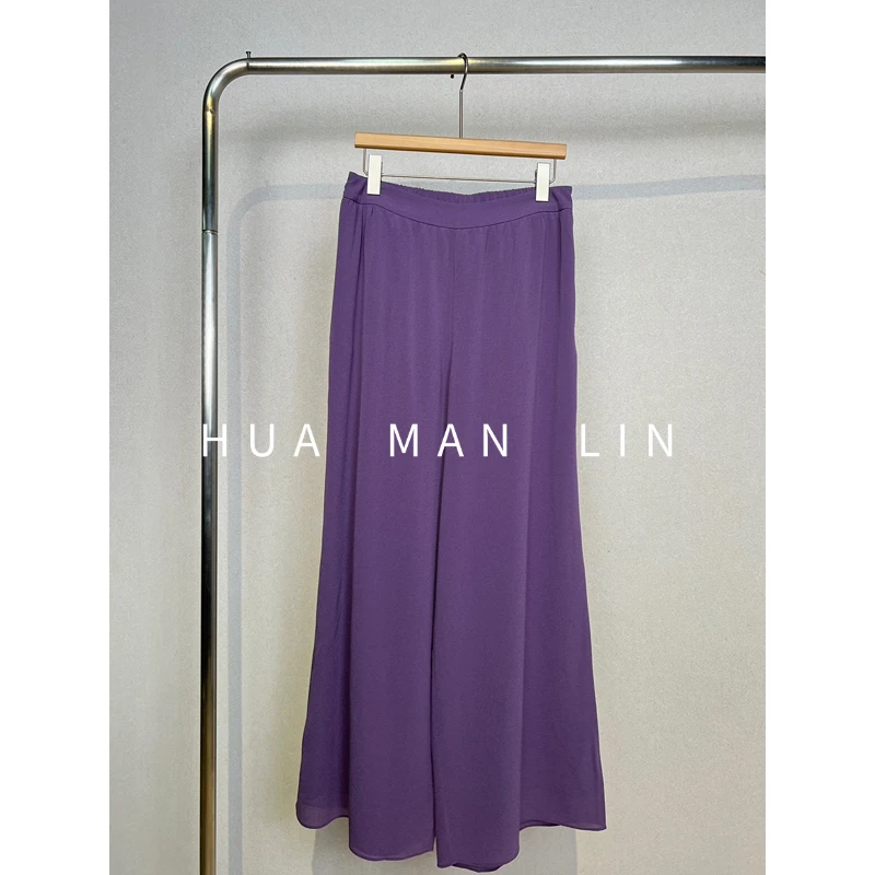 【花满林】后松紧腰双层鬼绉真丝桑蚕丝紫色休闲裤259179
