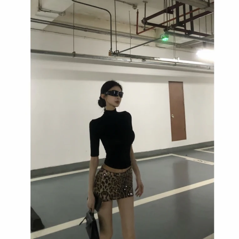 【无定义】中袖露腰修身上衣+豹纹短裙套装时尚气质女夏