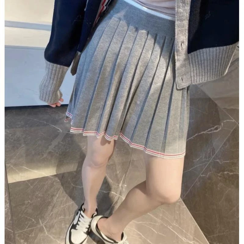 95新 THOMBROWNE   yy998 羊毛 裙边条纹灰色百褶裙 42码