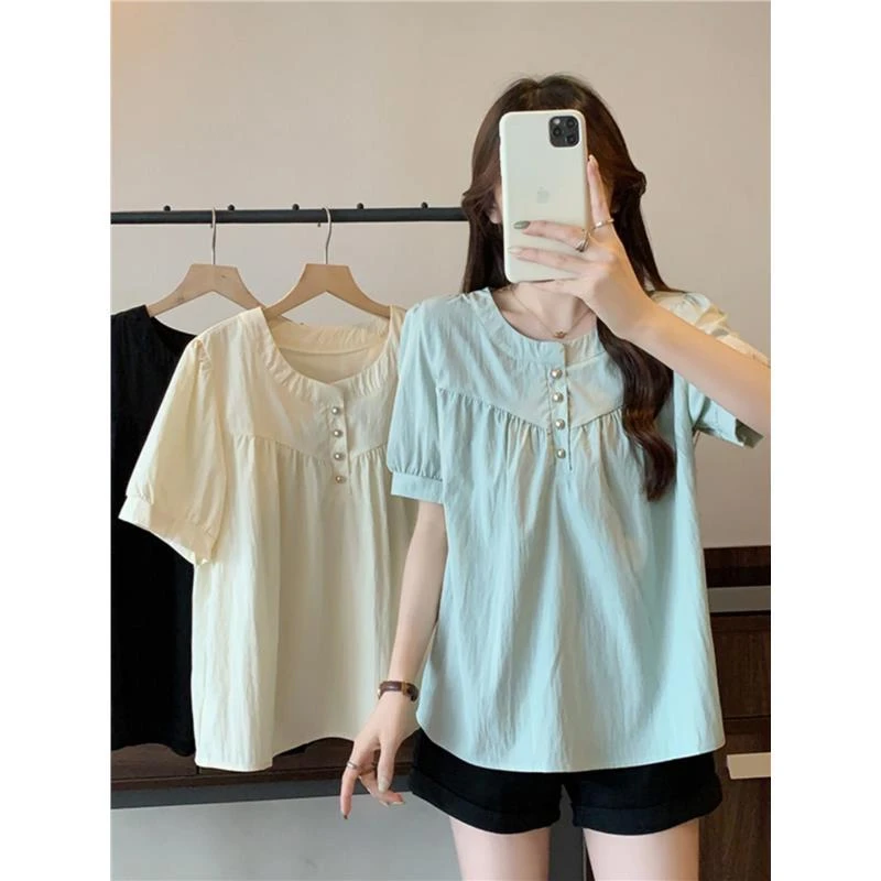 法式小香风雪纺短袖衬衫女夏款胖mm大码宽松气质中长款娃娃衫上衣