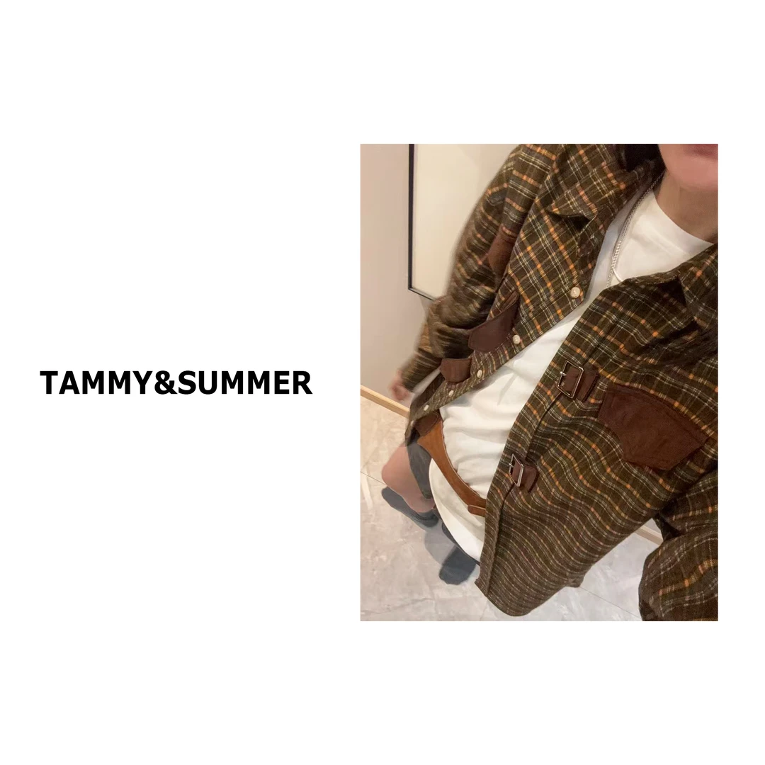 【Tammy&Summer】复古慵懒风皮带扣宽松翻领单排扣格纹衬衫565922