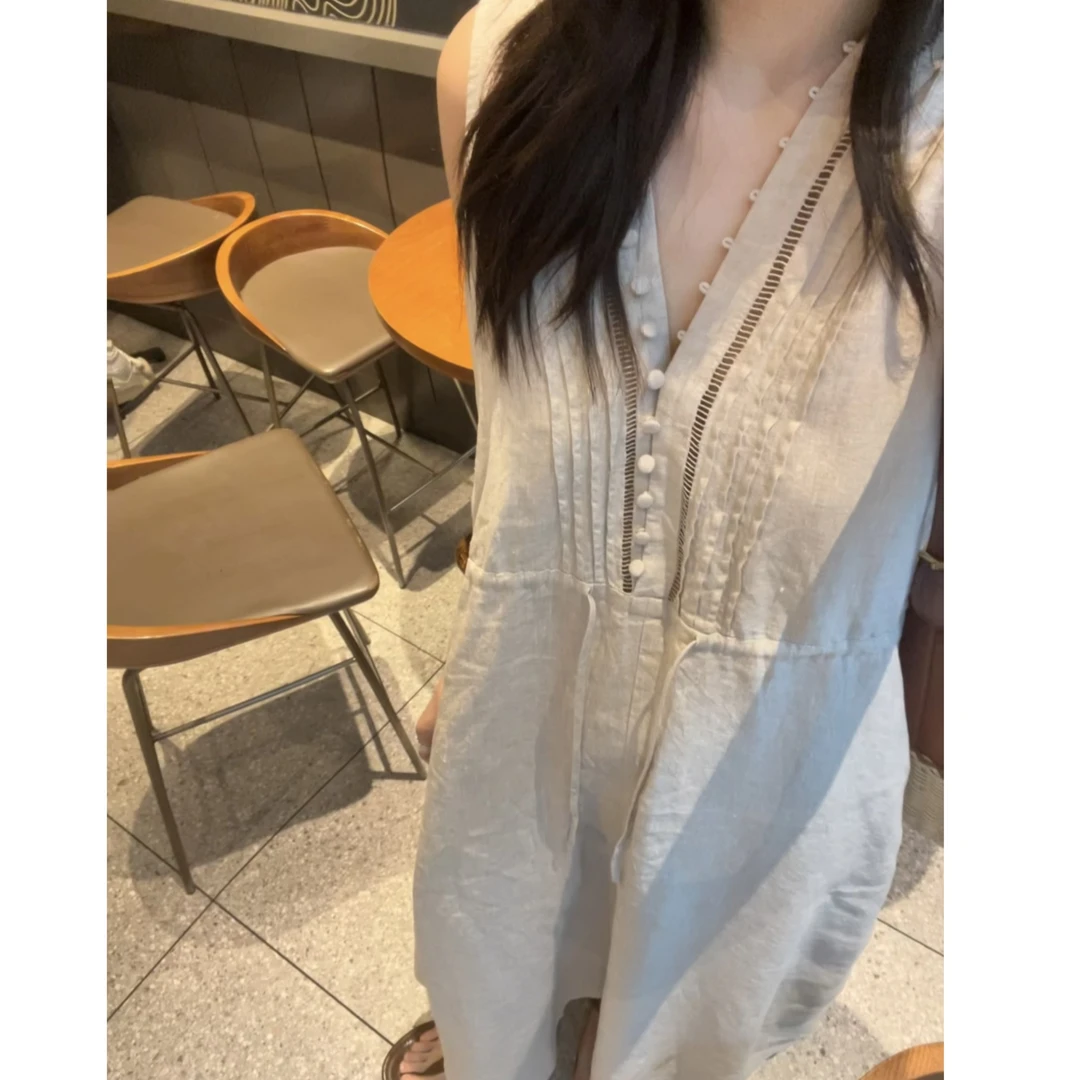 FAR ZOOM 亚麻南法假日V领镂空收腰系带连衣裙