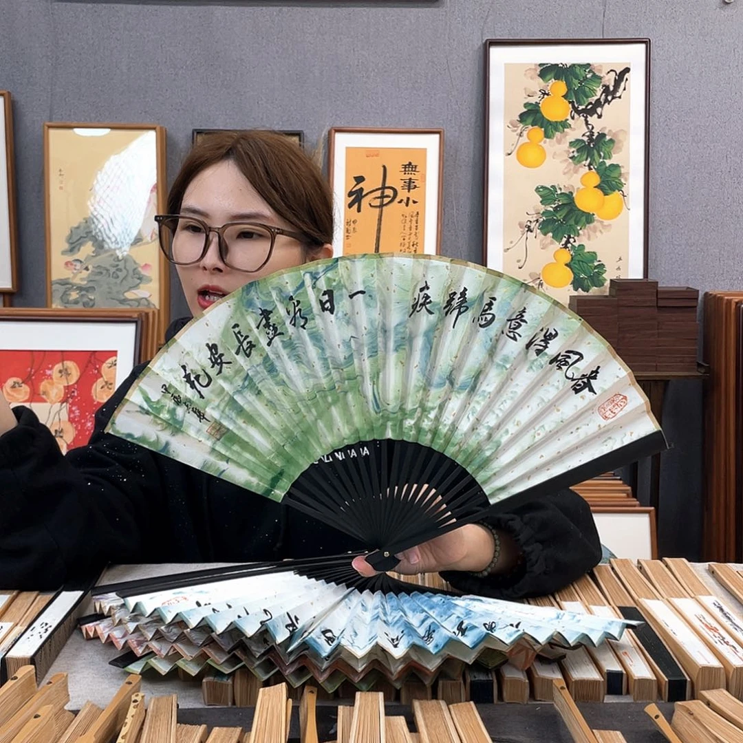 国画9寸福利折扇带中玉扇骨（默认粘好发出）春风得意