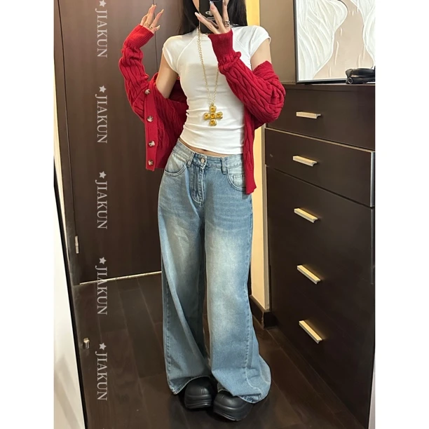 JIAKUN做旧水洗浅蓝牛仔阔腿裤女高腰遮肉显瘦拖地通勤裤牛仔裤