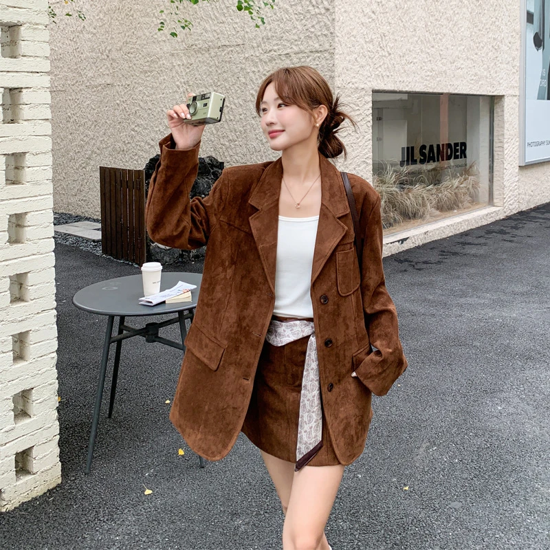 复古美拉德棕色西装短裙套装2025春秋新款高智感韩系ins风两件套