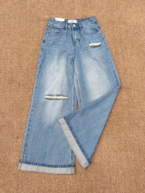 爱心欧货夏季新款破洞九分阔腿直筒牛仔裤洋气减龄显瘦85