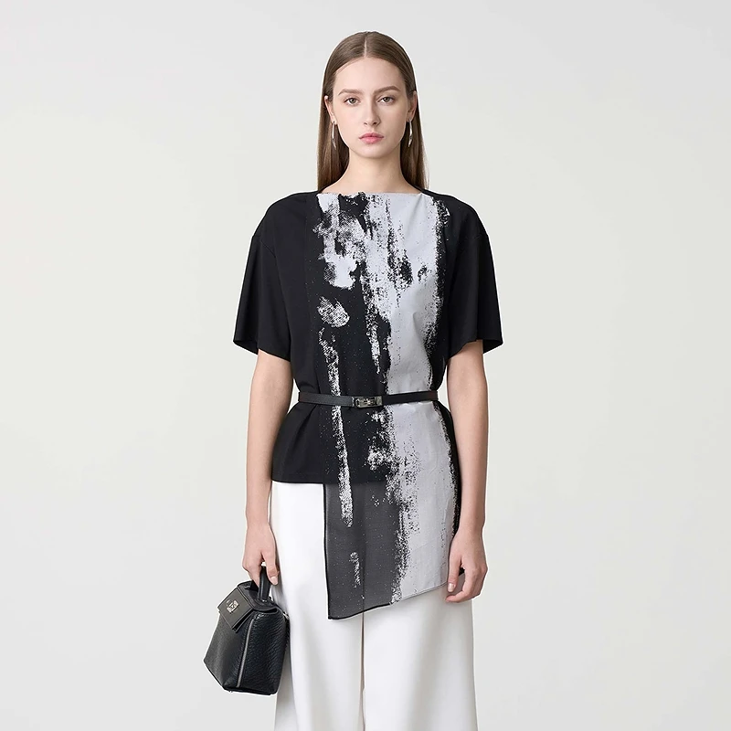 【粉丝专享】圣迪奥时尚夏季黑色复古春夏不规则印花拼接S24280124